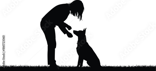 Woman training dog silhouette outdoors, human animal bond, pet care concept, obedience training, trust relationship, companionship, lifestyle illustration