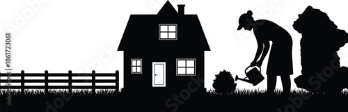 Woman watering plants silhouette near house and fence, gardening lifestyle, home garden care, nature work, peaceful rural outdoor scene illustration