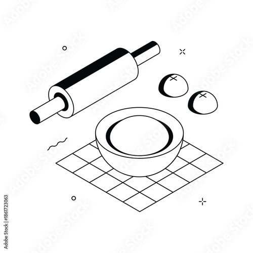 A simple isometric illustration of rolling pin kitchen tool