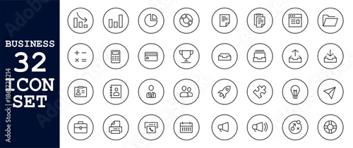 Business and finance outline icons set. Minimal corporate, office, and productivity icon collection.