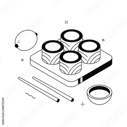 A visually appealing isometric illustration of sushi food set
