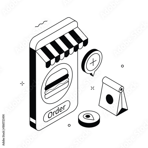 An editable isometric illustration of food ordering process