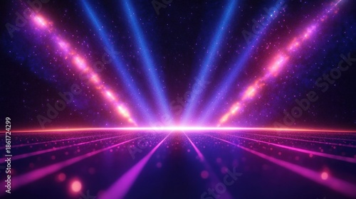 neon horizon with glowing pink and blue light beams over a reflective grid and starry space sky, particle trails and vibrant futuristic energy