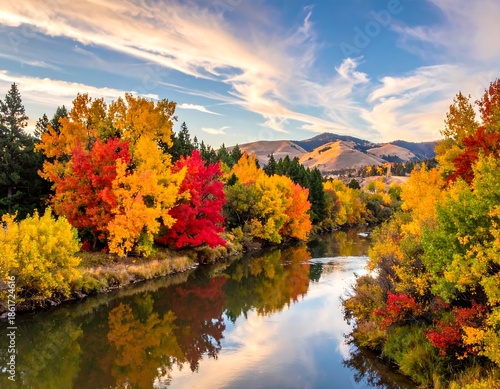 River flowing through vibrant autumn foliage with mountain backdrop