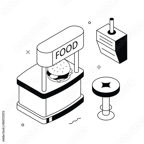 A modern isometric illustration of fast food counter