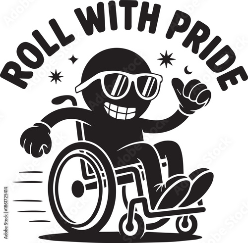 Roll with pride wheelchair cartoon character with retro style glasses smile