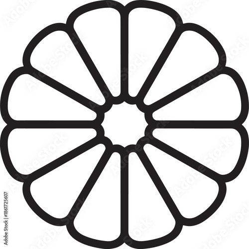Black outline of a stylized flower or sun with twelve petals black and white graphic