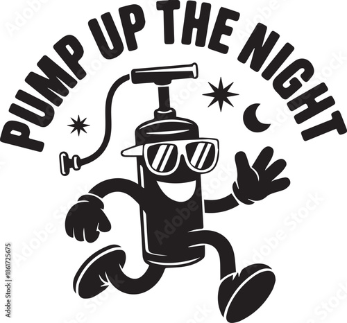Pump up the night funny cartoon pump character wearing sunglasses walking at night
