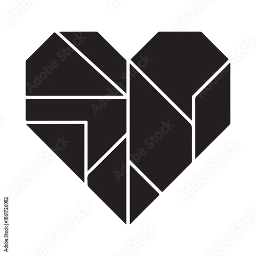 Geometric heart design with fragmented shapes and bold black color creating a modern aesthetic