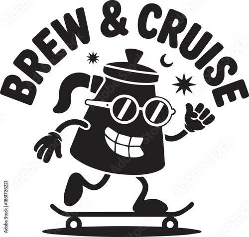 Brew and cruise vector illustration with coffee pot on skateboard for enjoyment