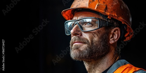 Side-profile construction worker wearing an orange hard hat, safety glasses and high-visibility jacket, stubble beard, serious focused expression against dark background with dramatic lighting