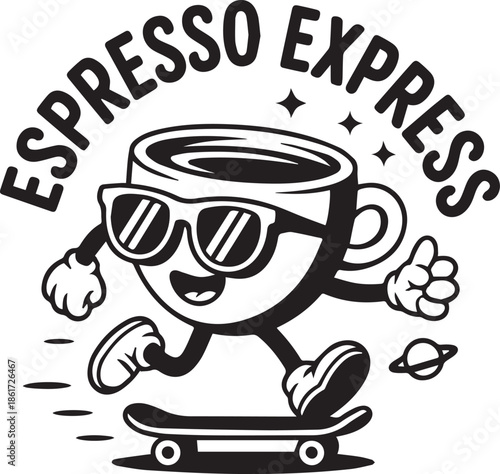 Espresso express vector graphic with coffee cup on skateboard design element