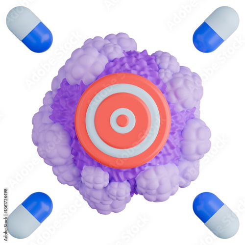 3D medical illustration showing cancer drug capsules targeting a specific tumor cell. Red bullseye target on malignant growth represents precision medicine and targeted therapy.