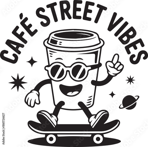 Cafe street vibes mascot coffee cup skateboarding with planet vector