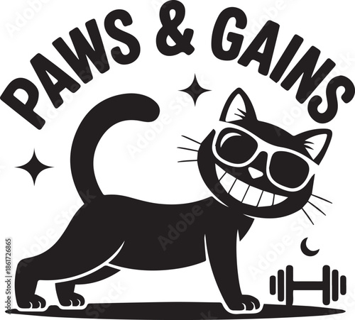 Paws and gains cat doing exercise with weight cartoon design in black color