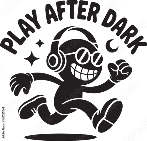 Play after dark vector graphic design of person running with headphones style