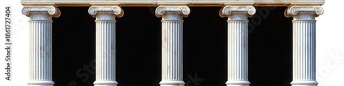 five fluted white marble ionic columns with ornate capitals and entablature against a deep black background, evoking timeless grandeur and solemn dignity