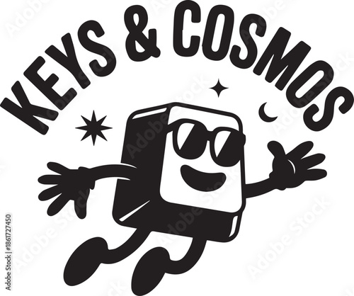 Keys and cosmos with retro keyboard, character and cartoon style concept design