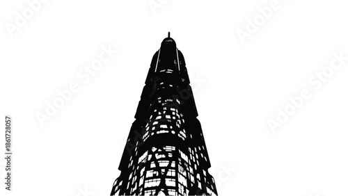 Modern skyscraper viewed from below against a bright sky, architectural detail