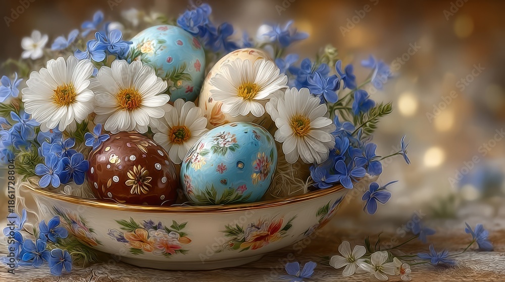 Fototapeta premium Delicate porcelain bowl brimming with ornate eggs, daisies, and blue flowers glows with soft bokeh, ideal for greeting cards, seasonal promotions, or festive social media posts.