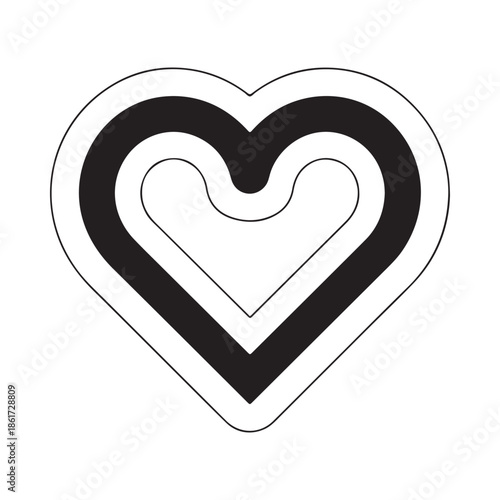 A simple black and white illustration of a heart shape with concentric layers
