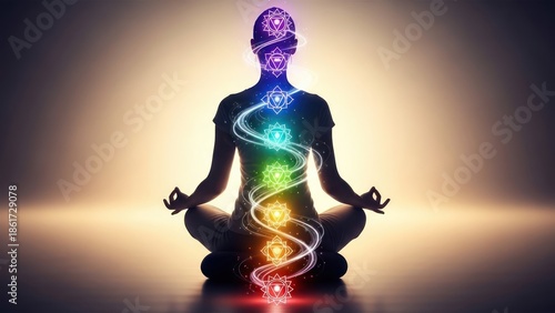 Meditative practice with chakra alignment and spiritual energy flow illustration