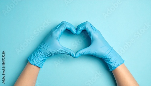 Hands in medical gloves forming a heart shape, symbolizing care and support in healthcare