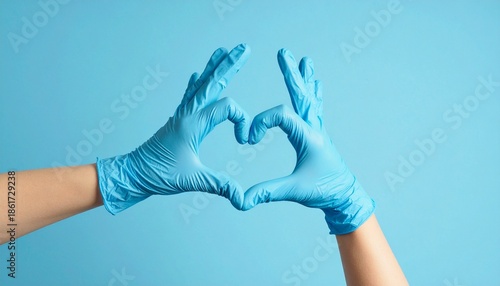 Hands in blue medical gloves form a heart shape, a powerful gesture of care, support, and gratitude for healthcare professionals and essential services