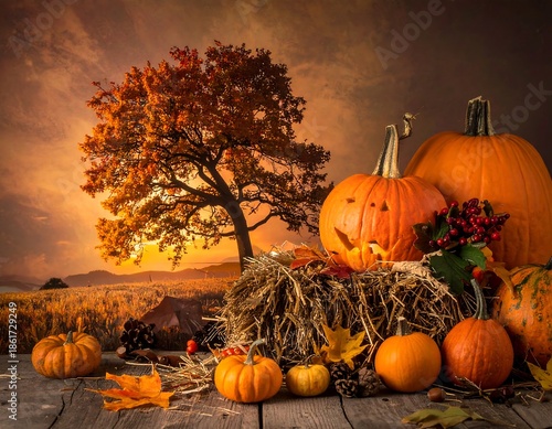 Rustic Autumn scene pumpkins, foliage, hay bales, and sunset backdrop