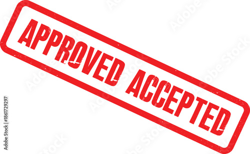 Red rectangular rubber stamps mark with 'APPROVED ACCEPTED' text. A bold graphic symbol for successful validation, agreement, and positive confirmation on documents