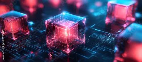 Glowing data cubes on circuit board, tech background