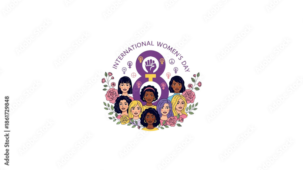 Fototapeta premium international women’s day logo with diverse female faces and march 8