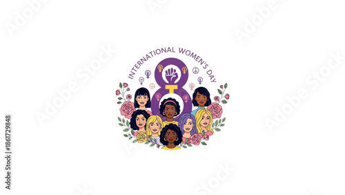 international women’s day logo with diverse female faces and march 8