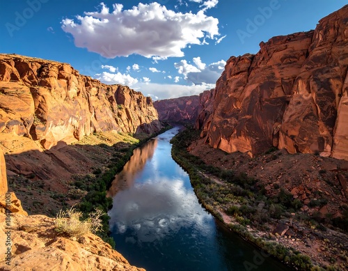 Scenic canyon vista featuring a flowing river and vivid sky