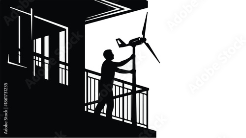 Person installing small wind turbine on balcony for sustainable energy generation