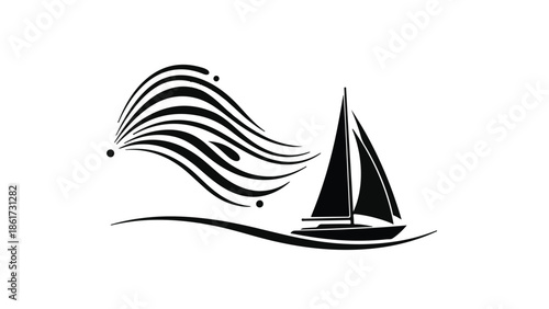 Sleek sailboat glides across stylized ocean waves with dynamic abstract motion
