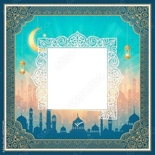 Elegant Ramadan Kareem background with green Islamic geometric pattern and large white square copy space.