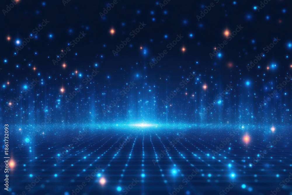 Fototapeta premium Glowing blue grid floor with shimmering star-like particles and vertical light beams converging at a luminous horizon, evoking futuristic awe and serene mystery