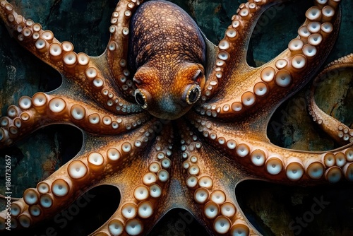 Close-up of an octopus with splayed tentacles and suction cups, mottled textured skin and large eyes in warm orange and brown tones on a dark aquatic background, appearing curious and mesmerizing