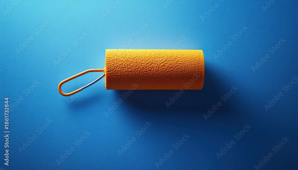 Obraz premium bright orange textured foam roller with looped handle on smooth blue surface casting soft shadow, minimalist and playful