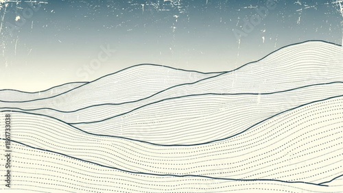 A serene landscape of rolling hills with a gradient blue and beige background and wavy lines in the foreground, evoking a sense of calmness and tranquility in nature