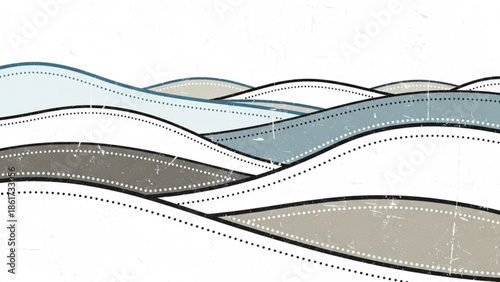 Abstract wavy lines in shades of gray, blue, and green on white background, modern graphic design element with dotted and solid lines