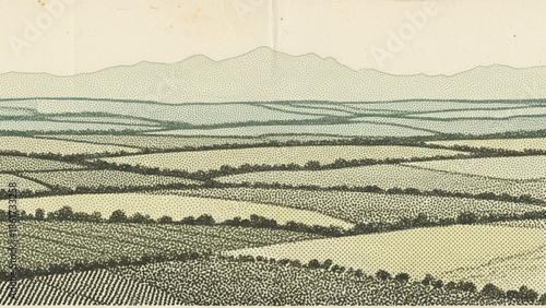 Vast agricultural landscape with rolling hills and fields of crops under a serene sky with distant mountains