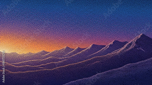 Sunset over mountain range with orange and purple hues in the sky, pointillism style, landscape photography, natural scenery, serene, peaceful, majestic, colorful