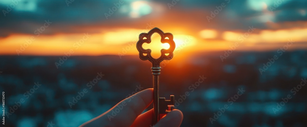 Obraz premium Hand holding an ornate vintage key that frames the glowing sun over a blurred horizon at golden hour, a backlit silhouette conveying hope, possibility and quiet longing