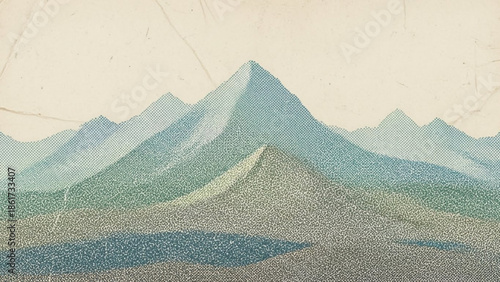 Mountain range landscape with green hills and pointed peaks under beige sky