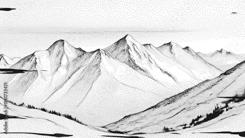 A serene black and white illustration of snow covered mountains with trees on the slopes under a clear sky