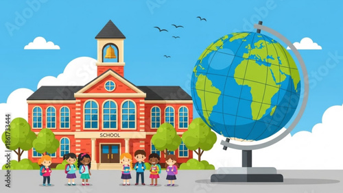 A group of diverse children standing outside a red brick school building with a globe on a stand in front, blue sky with clouds and birds flying overhead on a sunny day