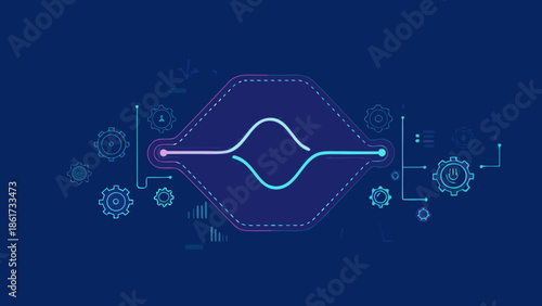 Abstract digital waves with gear icons on dark blue background for technology concepts