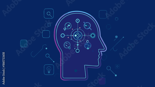 Flat vector illustration of a human head silhouette with glowing blue circuitry and icons
